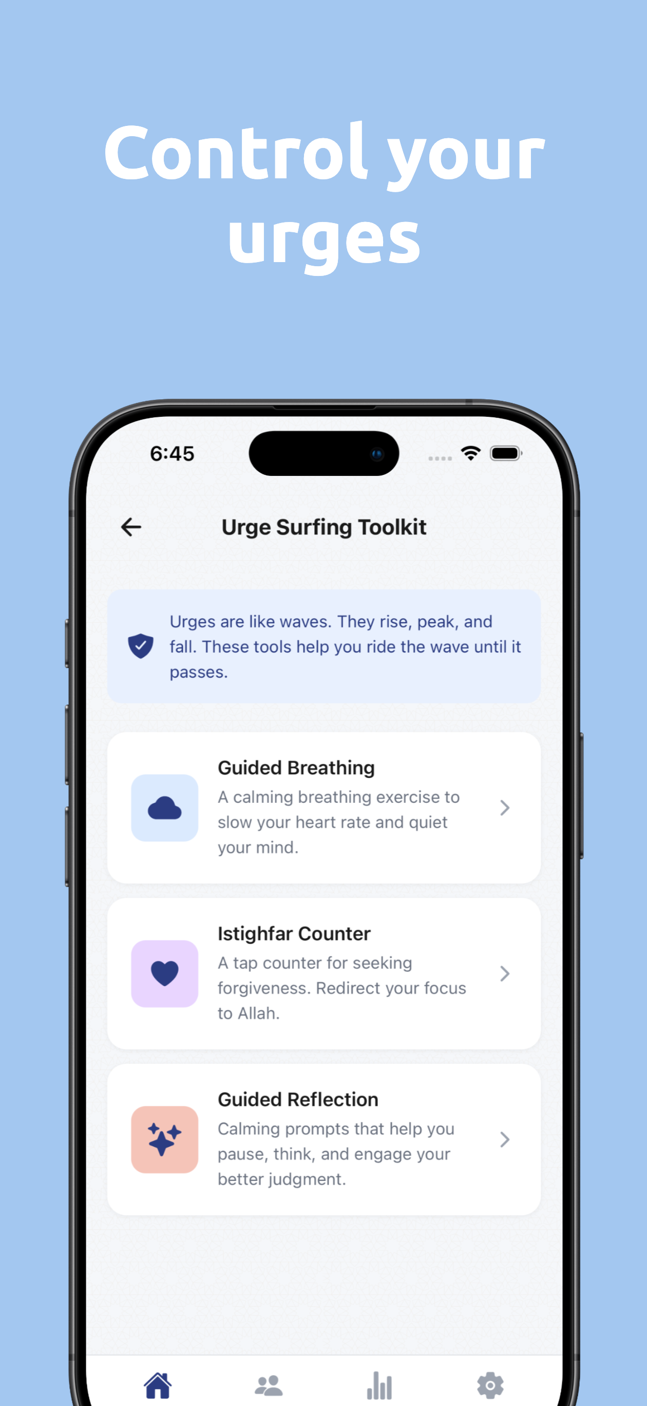 Urge Surfing Toolkit with guided breathing and istighfar
